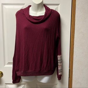 Paper crane size medium cranberry sweater with arm patch design